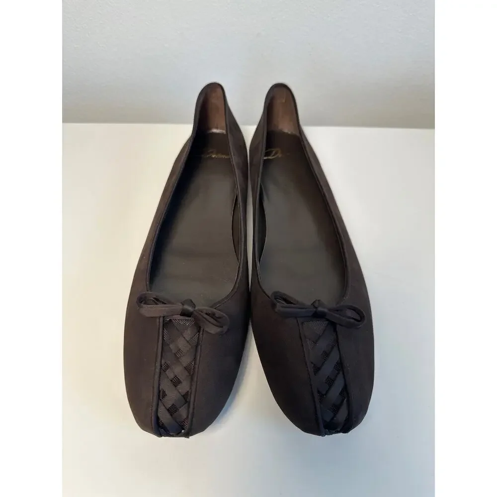 NIB Delman Ballet Flats Dark Brown Suede With Satin Wrap | Women's Size 11 M